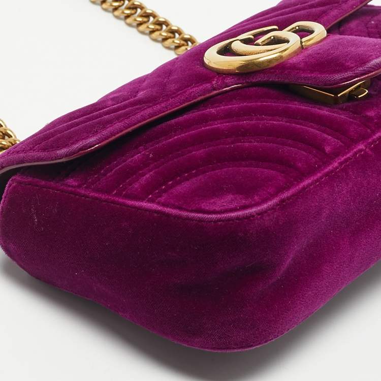 Pre Owned Gucci Purple Matelassé Velvet Mini GG Marmont Shoulder Bag