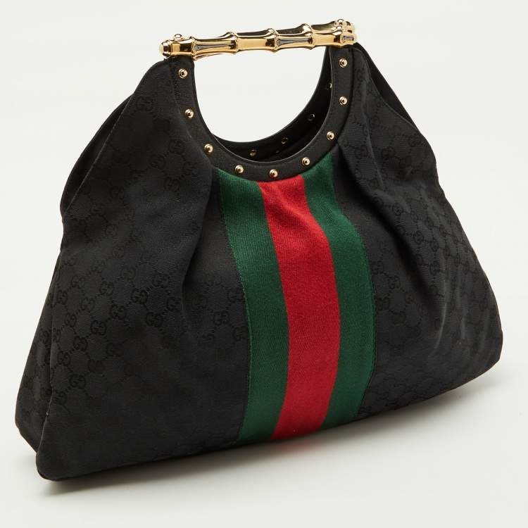 Pre Owned Gucci Black GG Canvas Web Detail Metal Bamboo Hobo