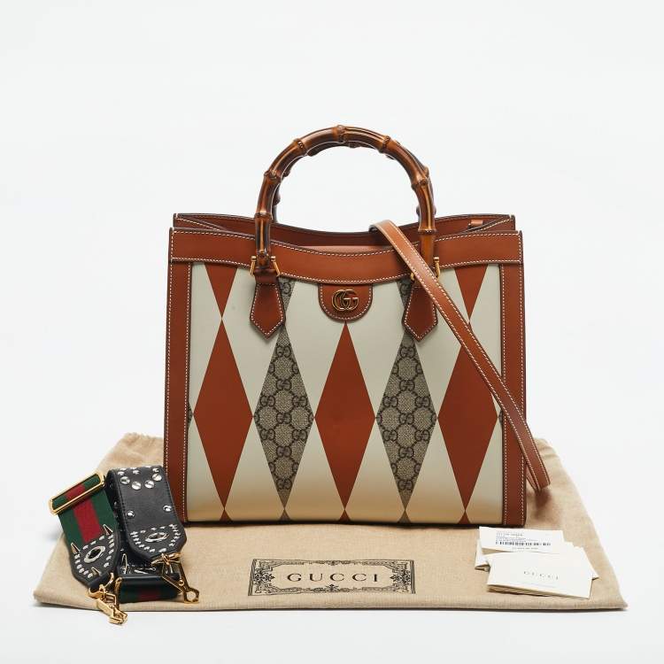 Pre Owned Gucci Brown/White Rhombus Print Leather Medium Diana Tote