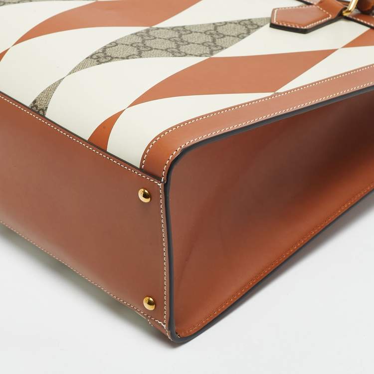 Pre Owned Gucci Brown/White Rhombus Print Leather Medium Diana Tote