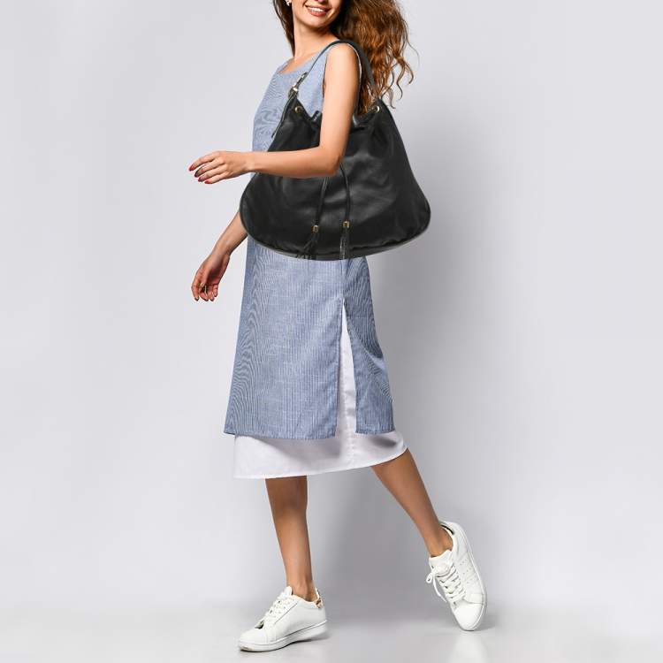 Pre Owned Gucci Black Leather Interlocking Icon Drawstring Hobo