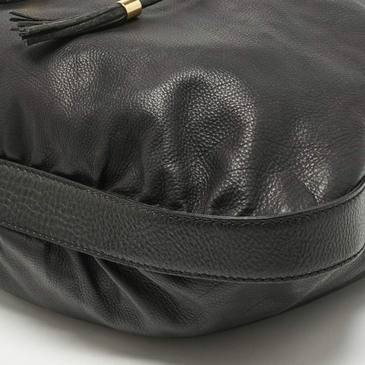 Pre Owned Gucci Black Leather Interlocking Icon Drawstring Hobo
