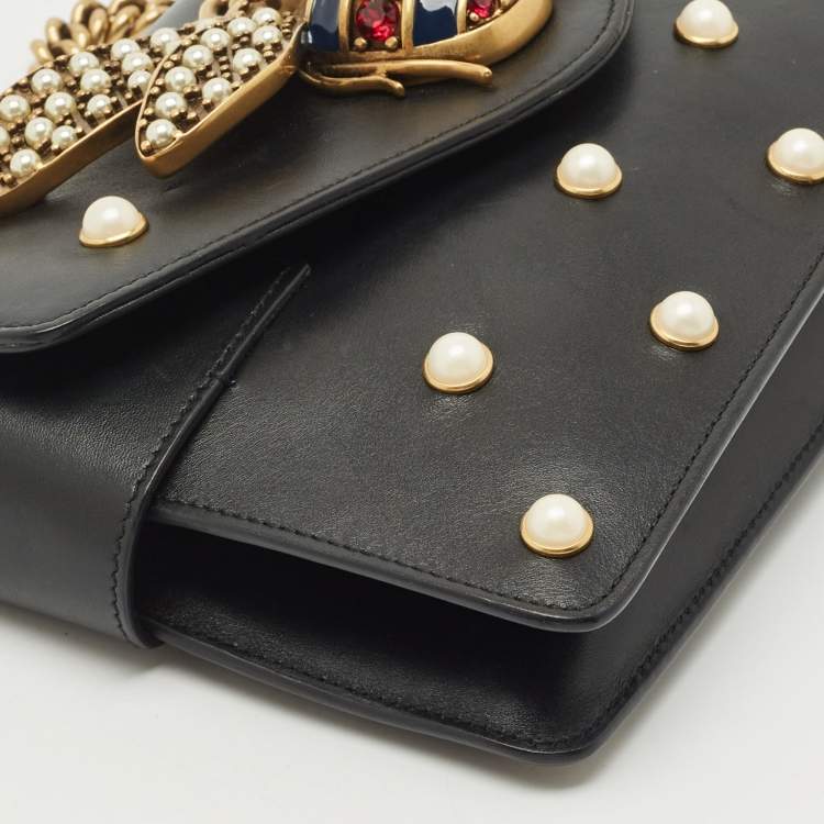 Pre Owned Gucci Black Leather Mini Pearl Studded Queen Margaret Broadway Shoulder Bag 