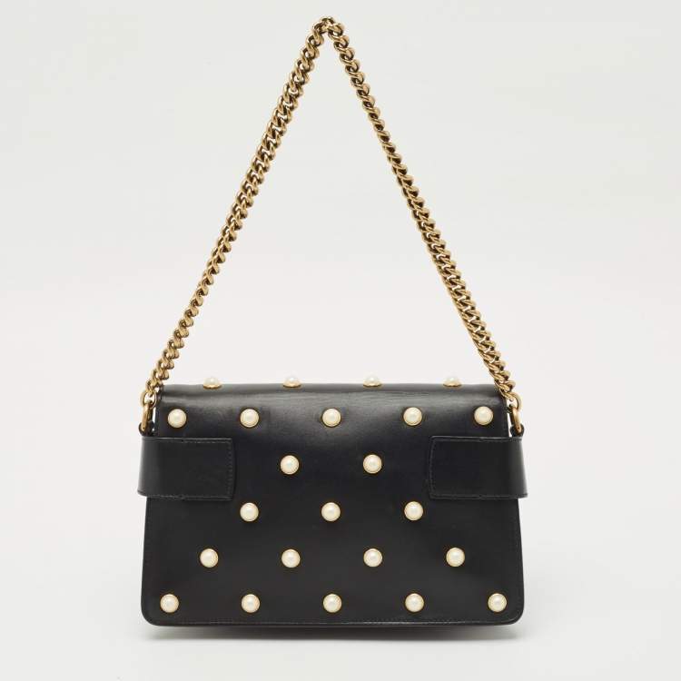Pre Owned Gucci Black Leather Mini Pearl Studded Queen Margaret Broadway Shoulder Bag 