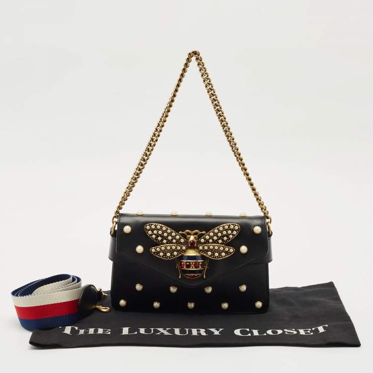 Pre Owned Gucci Black Leather Mini Pearl Studded Queen Margaret Broadway Shoulder Bag 