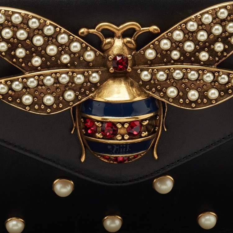 Pre Owned Gucci Black Leather Mini Pearl Studded Queen Margaret Broadway Shoulder Bag 