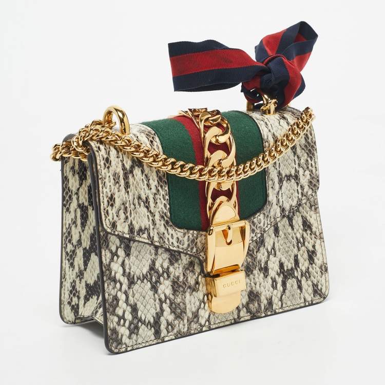 Pre Owned Gucci Black/White Watersnake Leather Mini Web Chain Sylvie Shoulder Bag