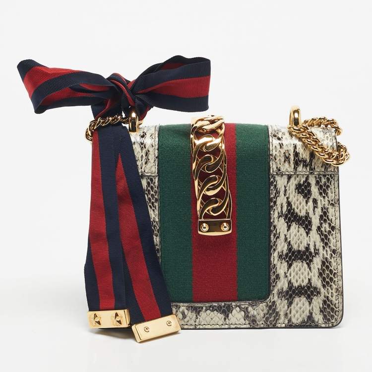 Pre Owned Gucci Black/White Watersnake Leather Mini Web Chain Sylvie Shoulder Bag