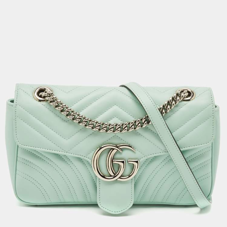 Pre Owned Gucci Mint Green Matelasse Leather Small GG Marmont Shoulder Bag