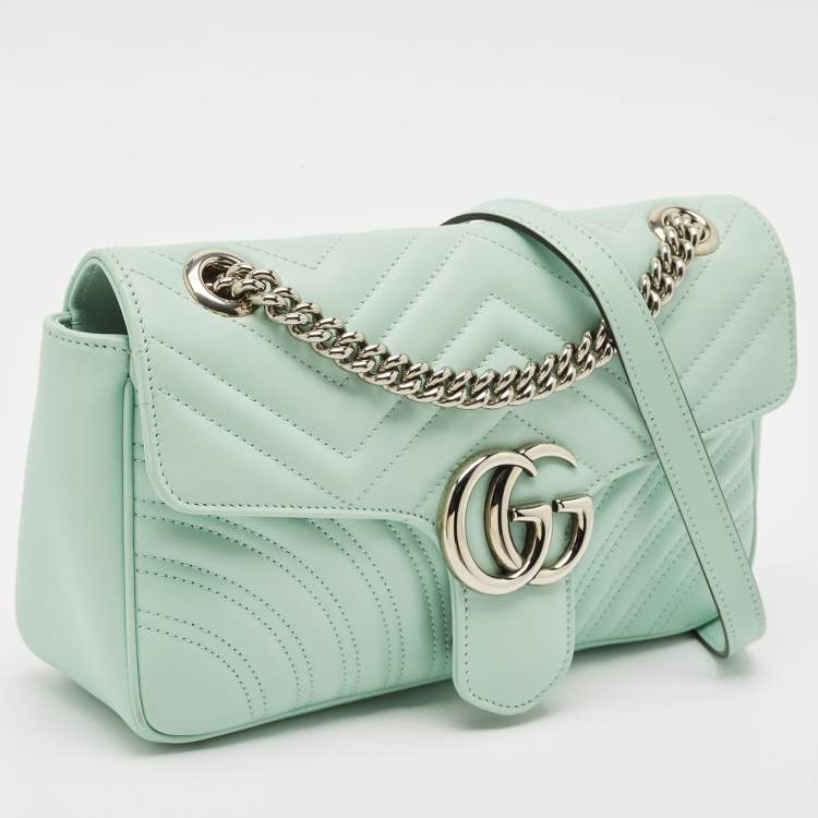 Pre Owned Gucci Mint Green Matelasse Leather Small GG Marmont Shoulder Bag