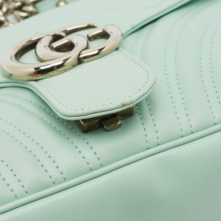 Pre Owned Gucci Mint Green Matelasse Leather Small GG Marmont Shoulder Bag
