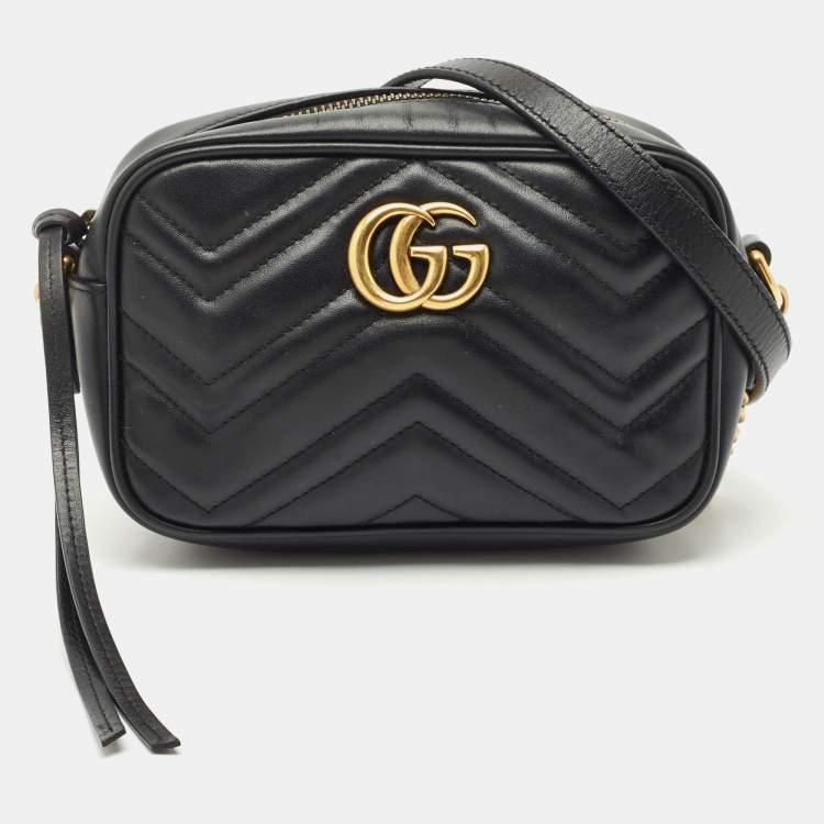 Pre Owned Gucci Black Matelassé Leather GG Marmont Mini Camera Bag
