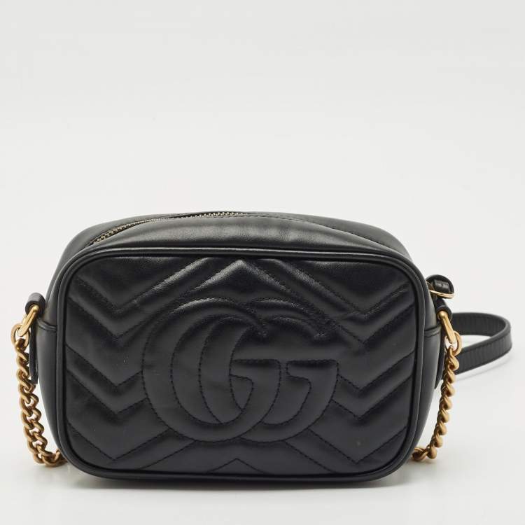 Pre Owned Gucci Black Matelassé Leather GG Marmont Mini Camera Bag