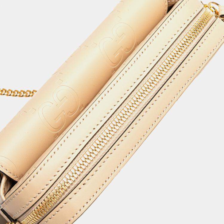 Pre Owned Gucci Beige Super Mini GG Debossed Calf Chain Wallet