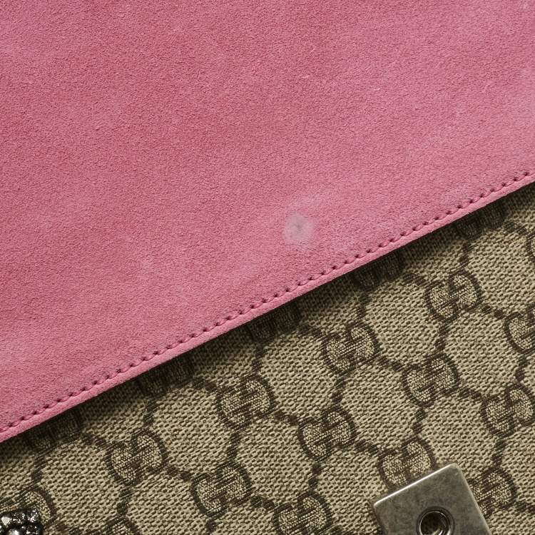 Pre Owned Gucci Pink/Beige GG Supreme Canvas and Suede Medium Crystals Embellished Dionysus Shoulder Bag