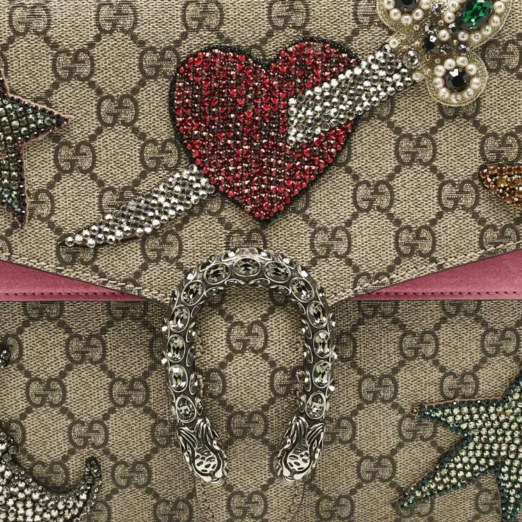 Pre Owned Gucci Pink/Beige GG Supreme Canvas and Suede Medium Crystals Embellished Dionysus Shoulder Bag