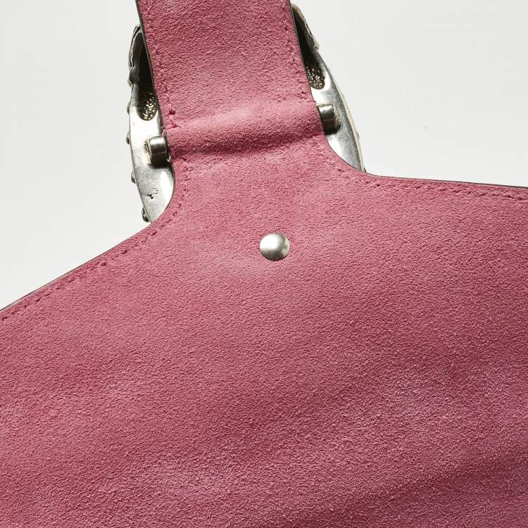 Pre Owned Gucci Pink/Beige GG Supreme Canvas and Suede Medium Crystals Embellished Dionysus Shoulder Bag