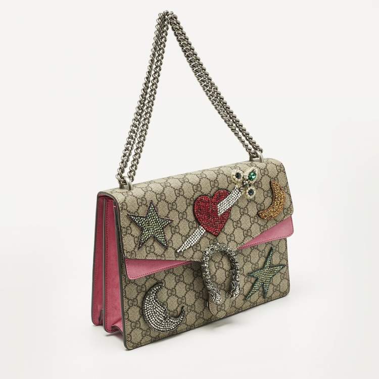 Pre Owned Gucci Pink/Beige GG Supreme Canvas and Suede Medium Crystals Embellished Dionysus Shoulder Bag