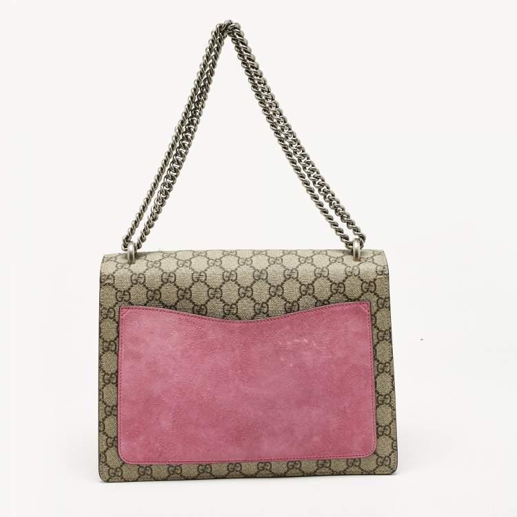 Pre Owned Gucci Pink/Beige GG Supreme Canvas and Suede Medium Crystals Embellished Dionysus Shoulder Bag