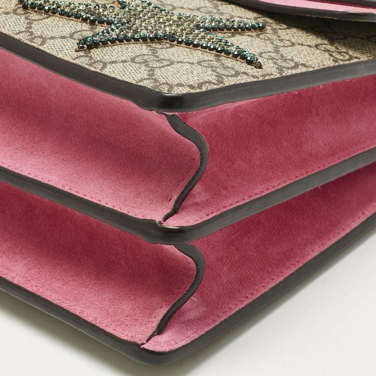Pre Owned Gucci Pink/Beige GG Supreme Canvas and Suede Medium Crystals Embellished Dionysus Shoulder Bag