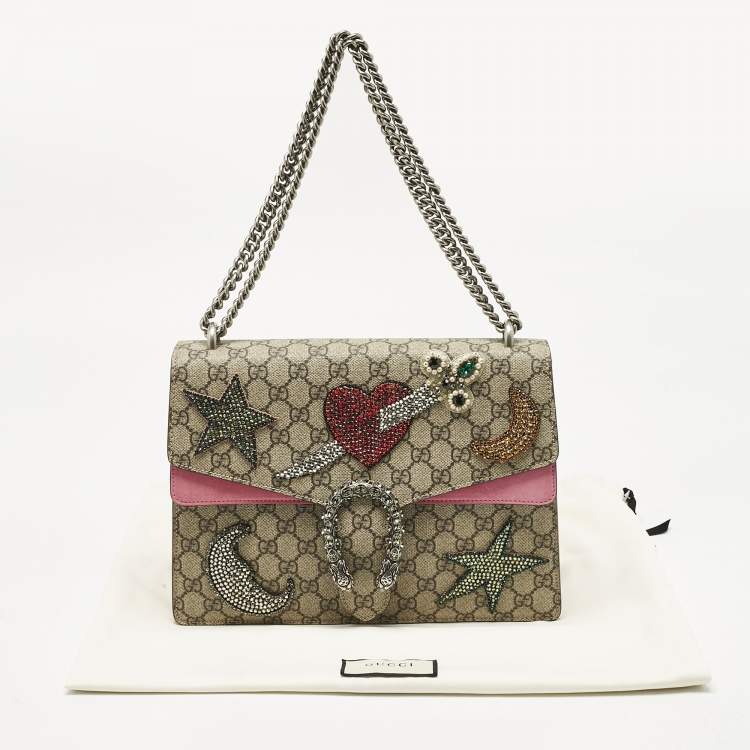 Pre Owned Gucci Pink/Beige GG Supreme Canvas and Suede Medium Crystals Embellished Dionysus Shoulder Bag