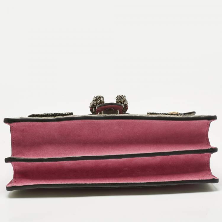 Pre Owned Gucci Pink/Beige GG Supreme Canvas and Suede Medium Crystals Embellished Dionysus Shoulder Bag