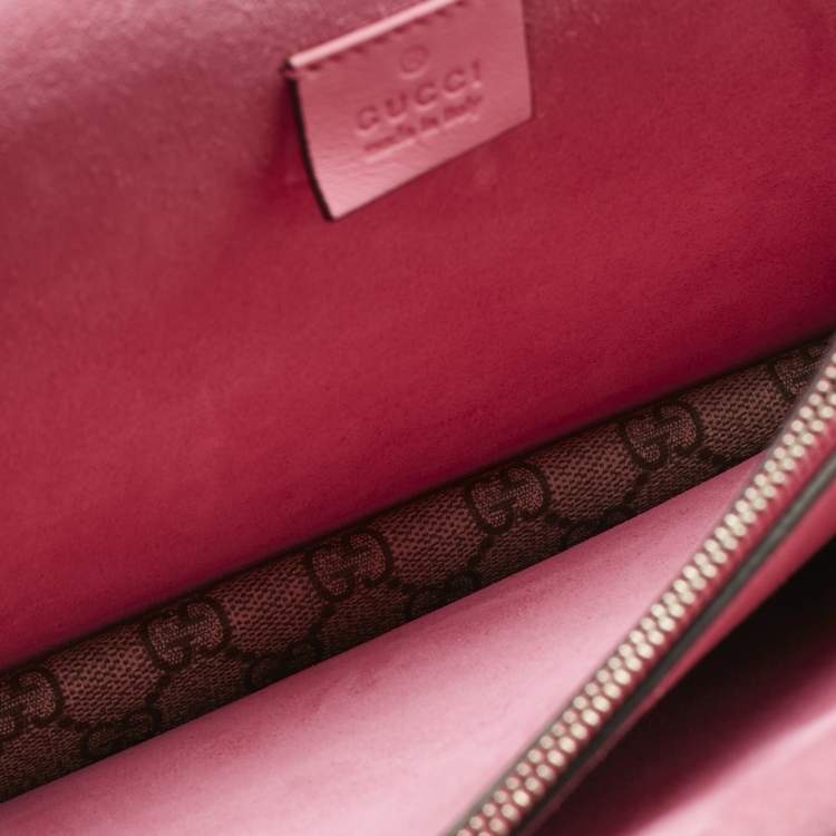 Pre Owned Gucci Pink/Beige GG Supreme Canvas and Suede Medium Crystals Embellished Dionysus Shoulder Bag