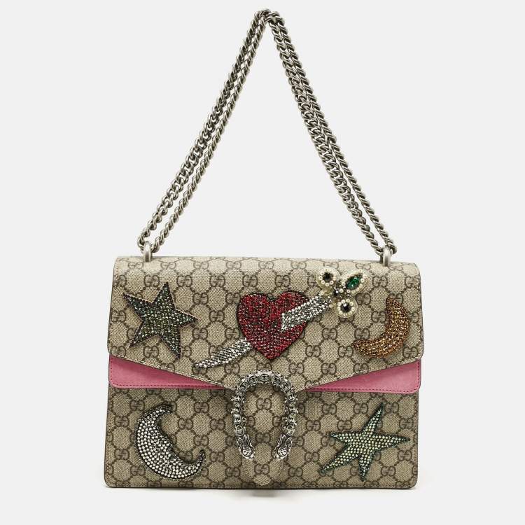 Pre Owned Gucci Pink/Beige GG Supreme Canvas and Suede Medium Crystals Embellished Dionysus Shoulder Bag