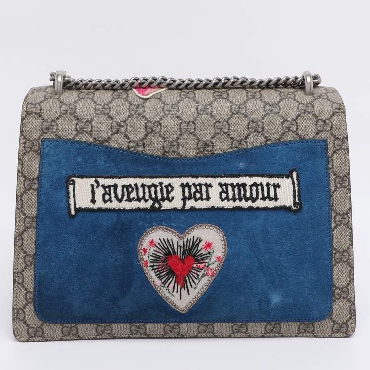 Pre Owned Gucci Beige GG Supreme Canvas and Suede Medium Crystals Embellished Dionysus Shoulder Bag