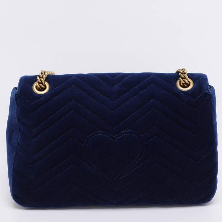 Pre Owned Gucci Blue Matelassé Velvet Floral Modern Embroidered GG Marmont Shoulder Bag