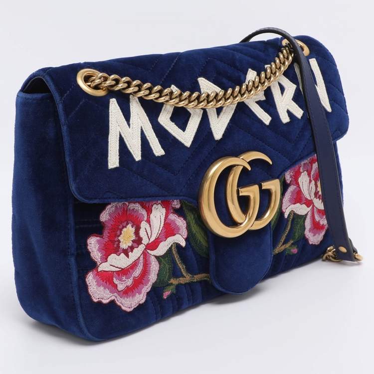 Pre Owned Gucci Blue Matelassé Velvet Floral Modern Embroidered GG Marmont Shoulder Bag