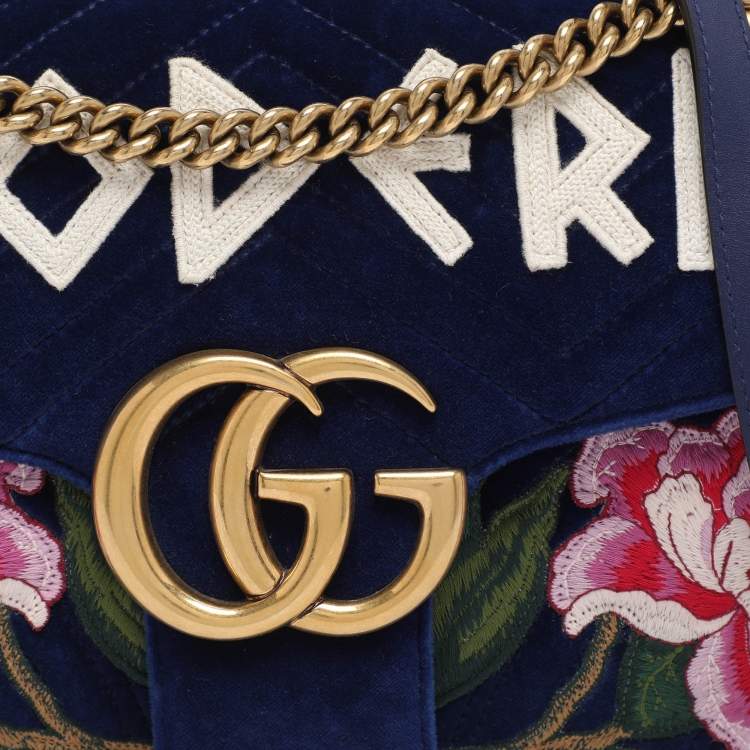 Pre Owned Gucci Blue Matelassé Velvet Floral Modern Embroidered GG Marmont Shoulder Bag