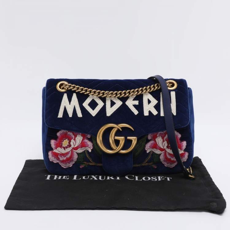Pre Owned Gucci Blue Matelassé Velvet Floral Modern Embroidered GG Marmont Shoulder Bag