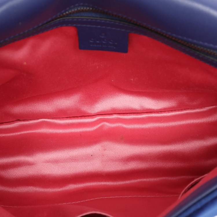 Pre Owned Gucci Blue Matelassé Velvet Floral Modern Embroidered GG Marmont Shoulder Bag