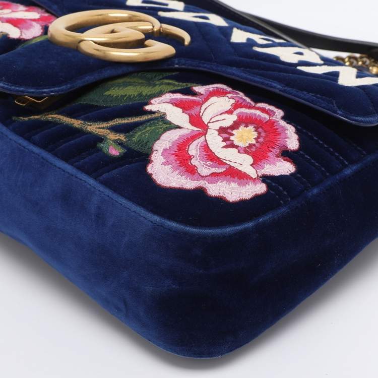 Pre Owned Gucci Blue Matelassé Velvet Floral Modern Embroidered GG Marmont Shoulder Bag