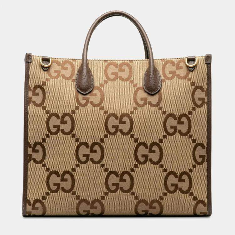 Pre Owned Gucci Jumbo GG Beige Multicolor Canvas Leather Tote Bag
