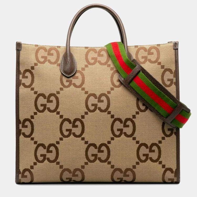 Pre Owned Gucci Jumbo GG Beige Multicolor Canvas Leather Tote Bag