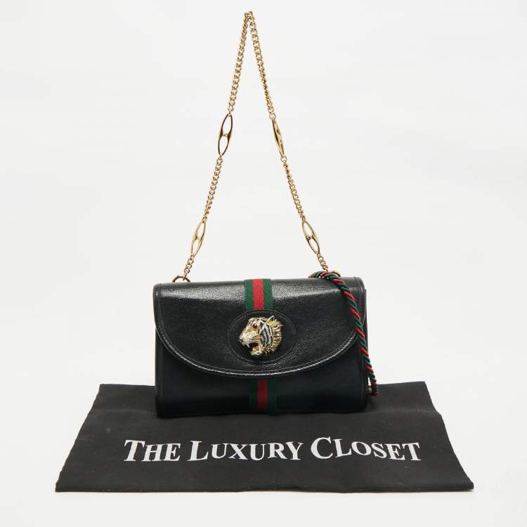 Pre Owned Gucci Black Leather Web Rajah Small Flap Shoulder Bag