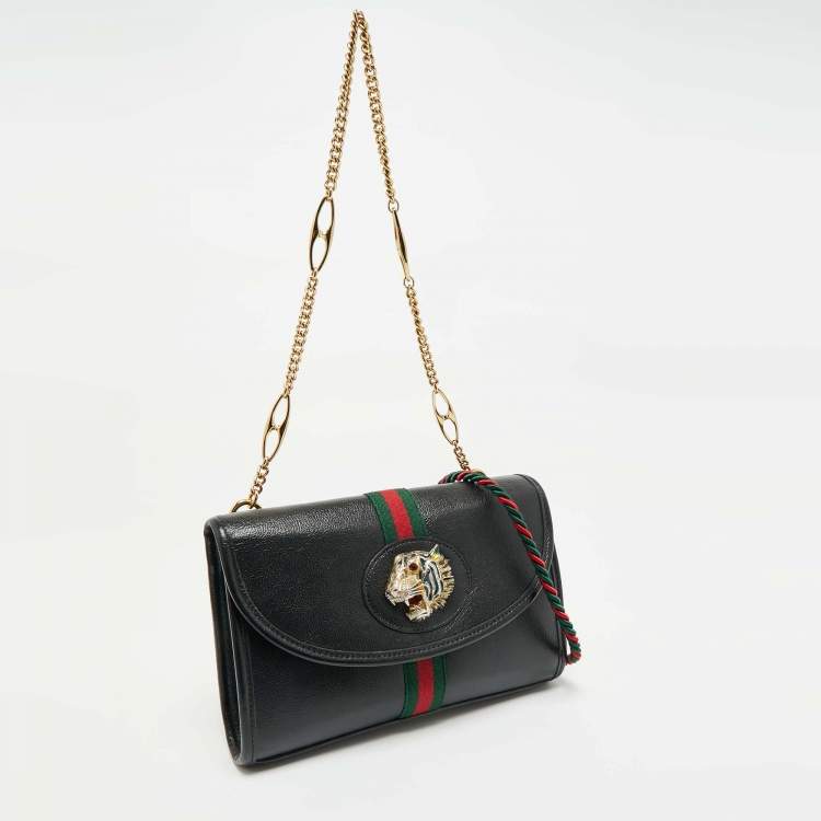 Pre Owned Gucci Black Leather Web Rajah Small Flap Shoulder Bag
