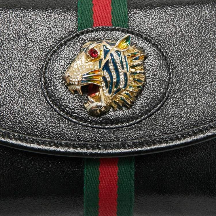 Pre Owned Gucci Black Leather Web Rajah Small Flap Shoulder Bag