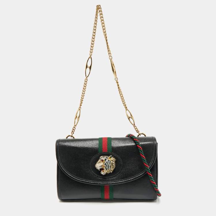 Pre Owned Gucci Black Leather Web Rajah Small Flap Shoulder Bag