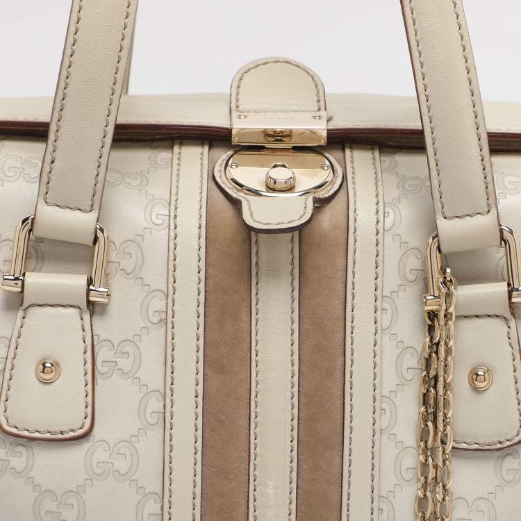 Pre Owned Gucci Off White Guccissima Leather Small Treasure Boston Bag