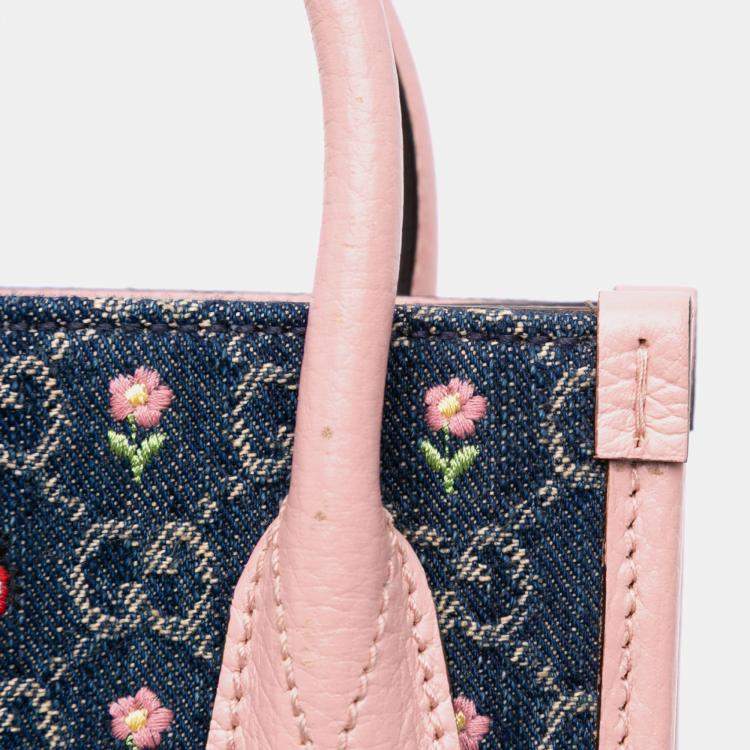 Pre Owned Gucci Blue/Pink Mini GG Denim Interlocking G Flowers Tote