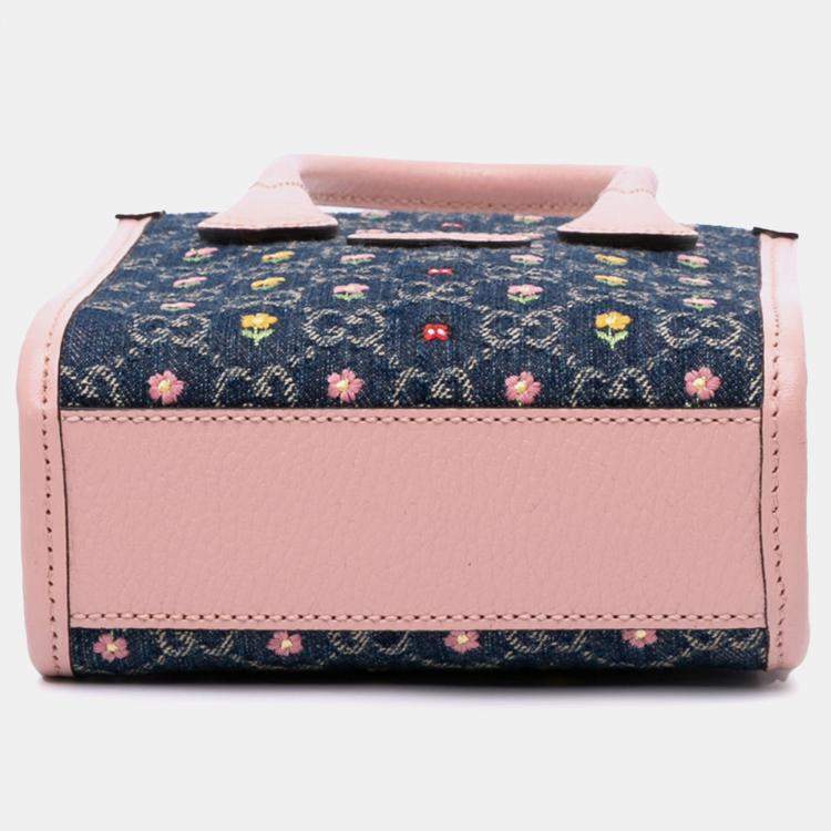 Pre Owned Gucci Blue/Pink Mini GG Denim Interlocking G Flowers Tote