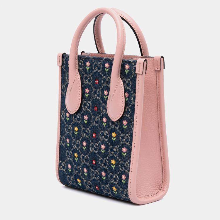 Pre Owned Gucci Blue/Pink Mini GG Denim Interlocking G Flowers Tote
