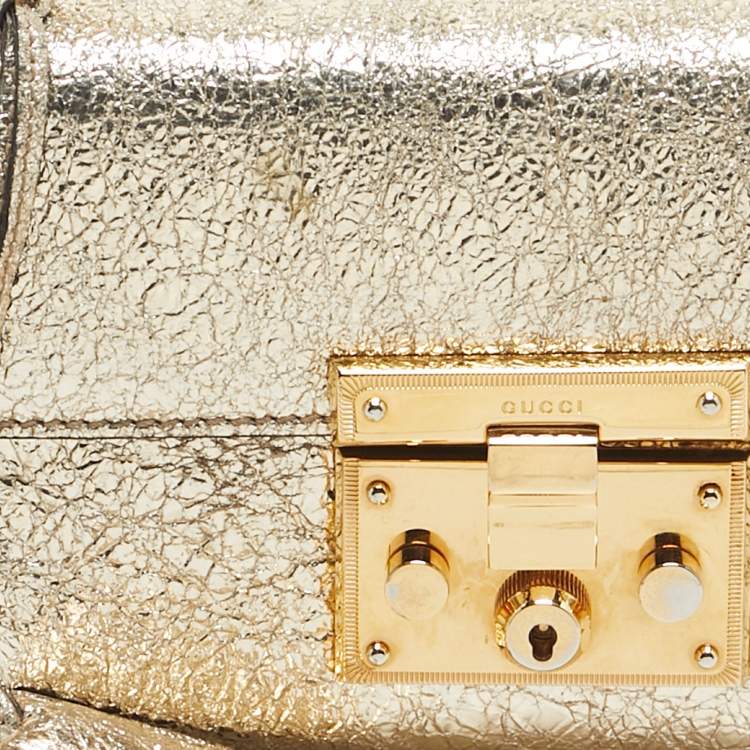 Pre Owned Gucci Gold Crinkled Leather Small Padlock Shoulder Bag