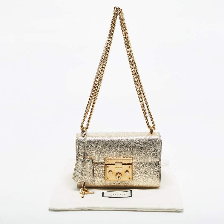 Pre Owned Gucci Gold Crinkled Leather Small Padlock Shoulder Bag