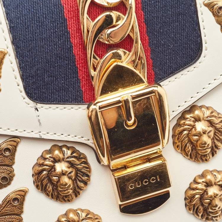 Pre Owned Gucci White Leather Mini Animalier Sylvie Top Handle Bag