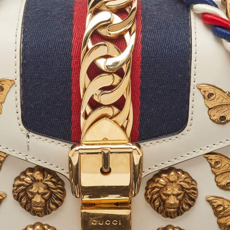Pre Owned Gucci White Leather Mini Animalier Sylvie Top Handle Bag