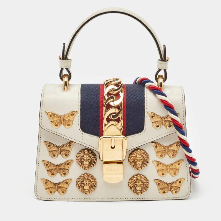 Pre Owned Gucci White Leather Mini Animalier Sylvie Top Handle Bag
